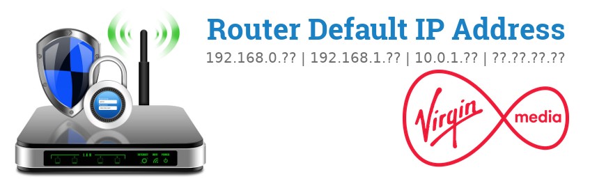 Image of a Virgin Media router with 'Router Default IP Addresses' text and the Virgin Media logo